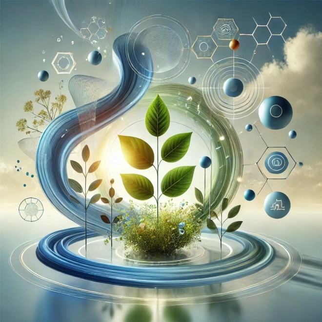 A conceptual illustration representing sustainable growth and alignment in business architecture and AI transformations using organic shapes, circular connections, and a blue-green colour scheme.